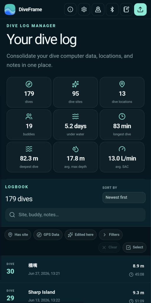DiveFrame - Scuba Dive Logging App APK screenshot